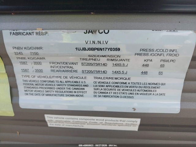 2022 Jayco Other მანქანა იყიდება აუქციონზე, vin: 1UJBJ0BP6N17Y0359, აუქციონის ნომერი: 45950923