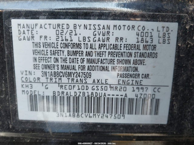 Продаж на аукціоні авто 2021 Nissan Sentra Sv Xtronic Cvt, vin: 3N1AB8CV6MY247509, номер лоту: 45950927