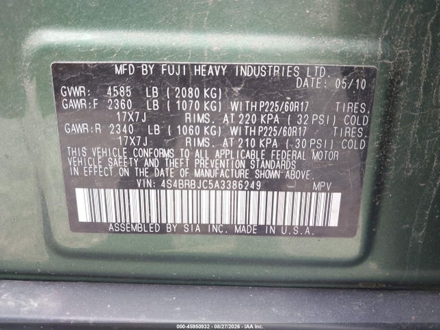 2010 Subaru Outback 2.5i Limited მანქანა იყიდება აუქციონზე, vin: 4S4BRBJC5A3386249, აუქციონის ნომერი: 45950932