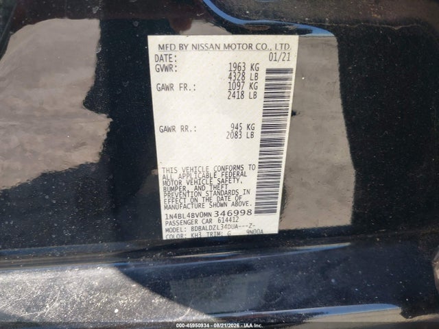 Продажа на аукционе авто 2021 Nissan Altima S Fwd, vin: 1N4BL4BV0MN346998, номер лота: 45950934