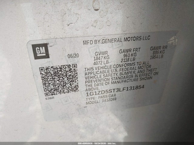 Aukcja sprzedaży 2020 Chevrolet Malibu Fwd Lt, vin: 1G1ZD5ST3LF131854, numer aukcji: 45950938