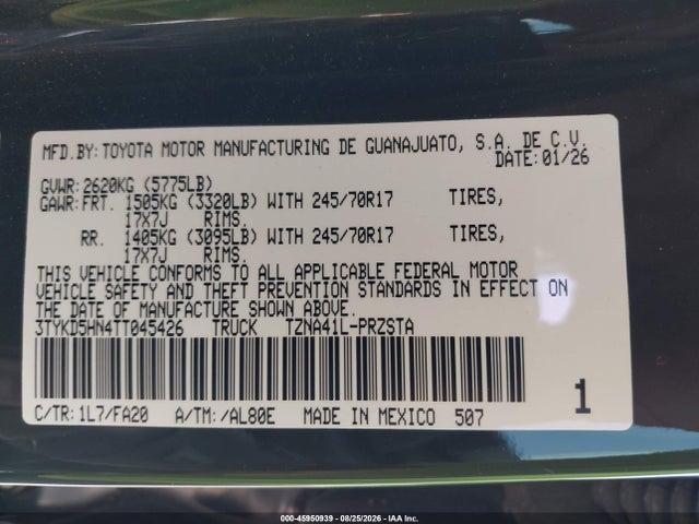 Aukcja sprzedaży 2026 Toyota Tacoma Sr, vin: 3TYKD5HN4TT045426, numer aukcji: 45950939