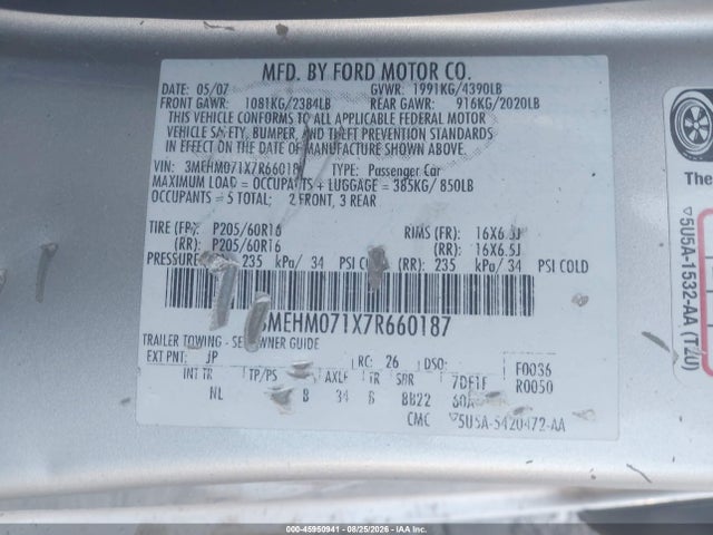 Aukcja sprzedaży 2007 Mercury Milan V6 (120a), vin: 3MEHM071X7R660187, numer aukcji: 45950941