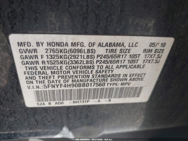 Aukcja sprzedaży 2011 Honda Pilot Touring, vin: 5FNYF4H90BB017560, numer aukcji: 45950944
