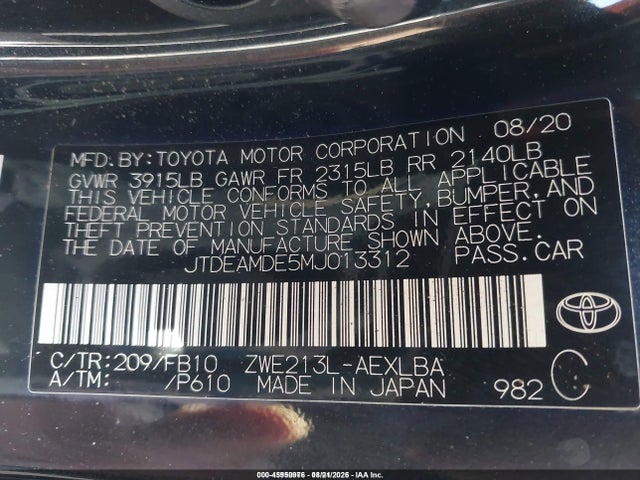 Продаж на аукціоні авто 2021 Toyota Corolla Hybrid Le, vin: JTDEAMDE5MJ013312, номер лоту: 45950976