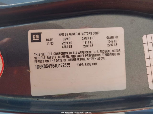 45950993 :رقم المزاد ، 1G6KS54Y64U172535 vin ، 2004 Cadillac Seville Sls مزاد بيع