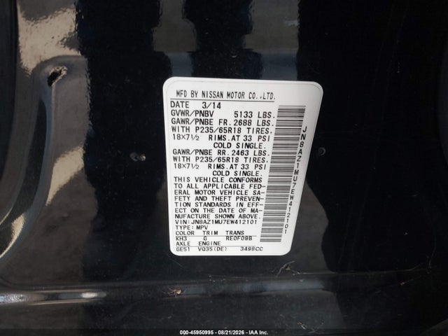 45950995 :رقم المزاد ، JN8AZ1MU7EW412101 vin ، 2014 Nissan Murano Sl مزاد بيع