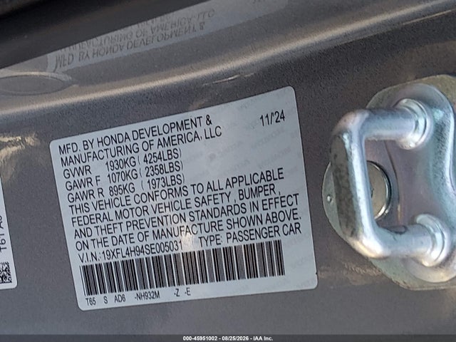 2025 Honda Civic Hybrid Sport Touring მანქანა იყიდება აუქციონზე, vin: 19XFL4H94SE005031, აუქციონის ნომერი: 45951002
