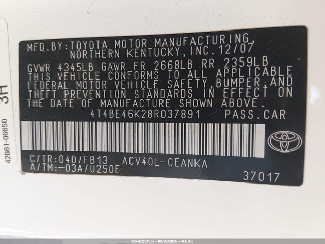 Продаж на аукціоні авто 2008 Toyota Camry Ce/le/xle/se, vin: 4T4BE46K28R037891, номер лоту: 45951007
