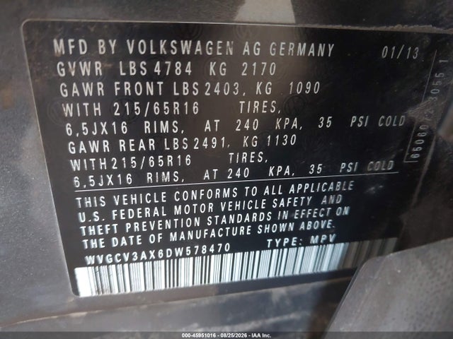 Продаж на аукціоні авто 2013 Volkswagen Tiguan S, vin: WVGCV3AX6DW578470, номер лоту: 45951016