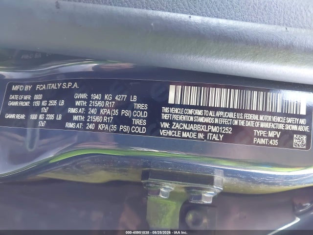 Aukcja sprzedaży 2020 Jeep Renegade Latitude Fwd, vin: ZACNJABBXLPM01252, numer aukcji: 45951038