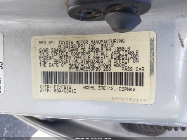 2013 Toyota Corolla Le მანქანა იყიდება აუქციონზე, vin: 5YFBU4EE5DP091268, აუქციონის ნომერი: 45951037