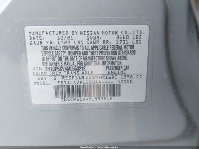 Продажа на аукционе авто 2021 Nissan Kicks Sv Xtronic Cvt, vin: 3N1CP5CV4ML553212, номер лота: 45951047