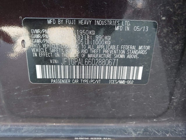 Продаж на аукціоні авто 2013 Subaru Impreza 2.0i Sport Premium, vin: JF1GPAL66D2880671, номер лоту: 45951048