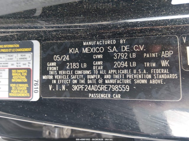 2024 Kia Forte Lxs მანქანა იყიდება აუქციონზე, vin: 3KPF24AD5RE798559, აუქციონის ნომერი: 45951052