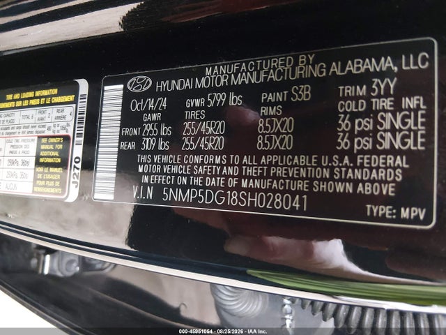 Aukcja sprzedaży 2025 Hyundai Santa Fe Hybrid Calligraphy, vin: 5NMP5DG18SH028041, numer aukcji: 45951054