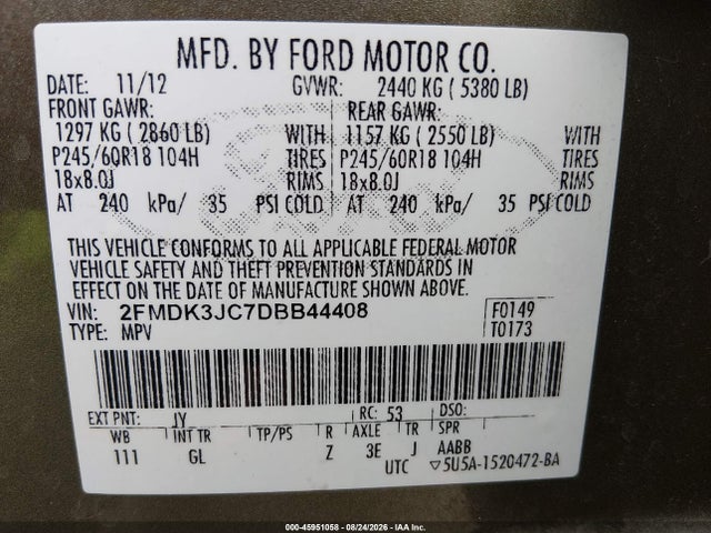 Auction sale of the 2013 Ford Edge Sel, vin: 2FMDK3JC7DBB44408, lot number: 45951058
