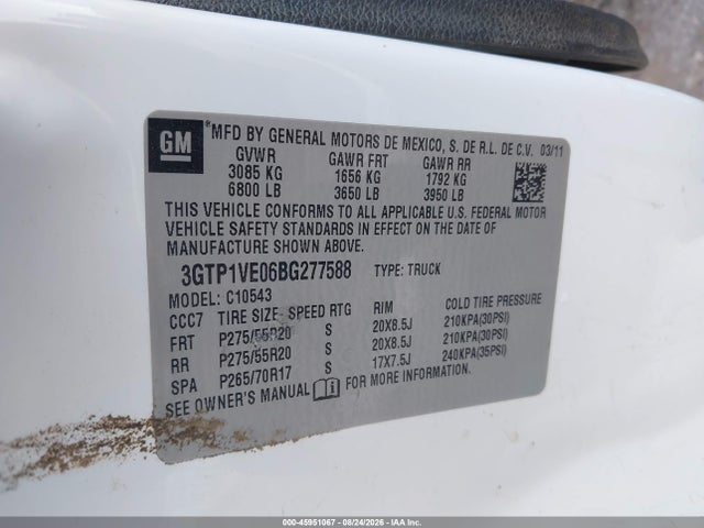 45951067 :رقم المزاد ، 3GTP1VE06BG277588 vin ، 2011 Gmc Sierra 1500 Sle مزاد بيع