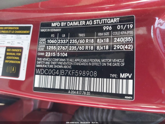 45951079 :رقم المزاد ، WDC0G4JB7KF598908 vin ، 2019 Mercedes-benz Glc 300 مزاد بيع