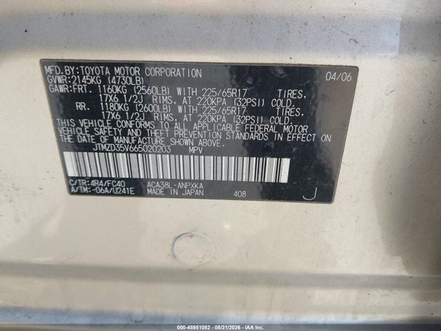 Aukcja sprzedaży 2006 Toyota Rav4, vin: JTMZD35V665020203, numer aukcji: 45951082