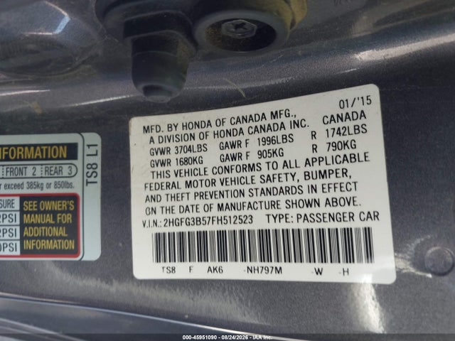 45951090 :رقم المزاد ، 2HGFG3B57FH512523 vin ، 2015 Honda Civic Lx مزاد بيع
