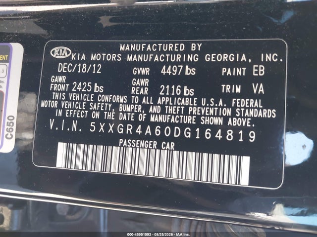 45951093 :رقم المزاد ، 5XXGR4A60DG164819 vin ، 2013 Kia Optima Sx مزاد بيع
