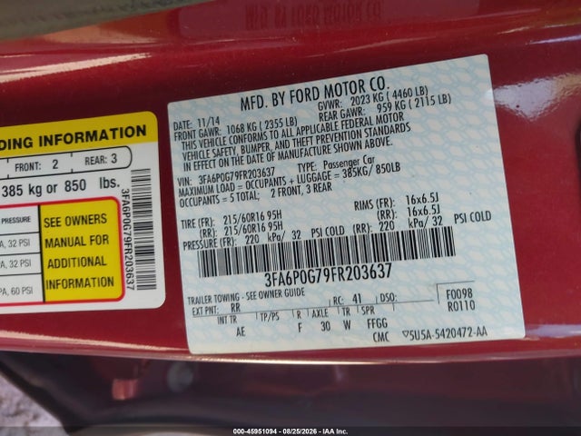 2015 Ford Fusion S მანქანა იყიდება აუქციონზე, vin: 3FA6P0G79FR203637, აუქციონის ნომერი: 45951094