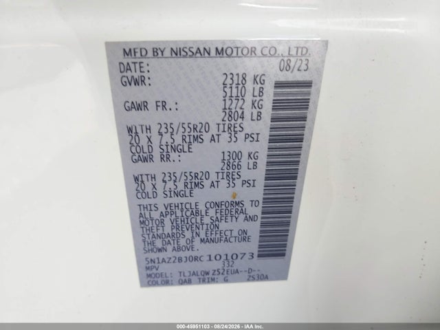 Продажа на аукционе авто 2024 Nissan Murano Sv Fwd, vin: 5N1AZ2BJ0RC101073, номер лота: 45951103