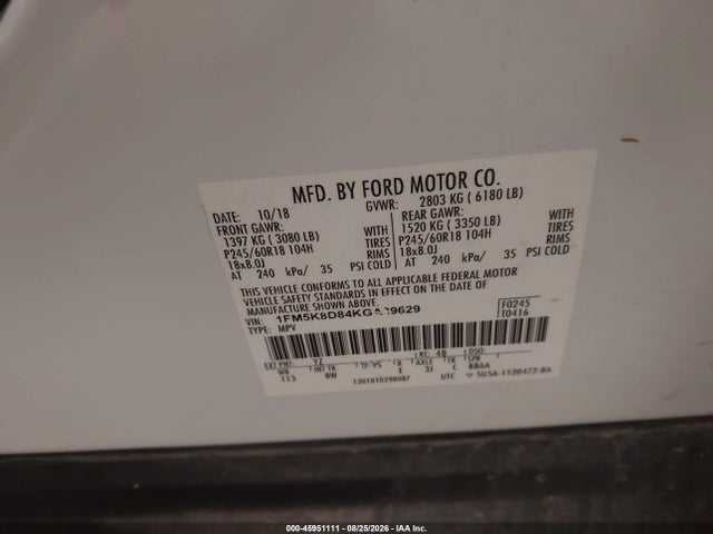 45951111 :رقم المزاد ، 1FM5K8D84KGA39629 vin ، 2019 Ford Explorer Xlt مزاد بيع