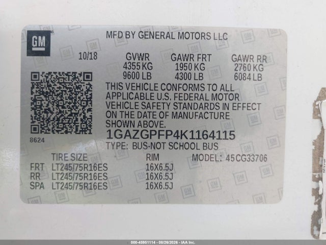 45951114 :رقم المزاد ، 1GAZGPFP4K1164115 vin ، 2019 Chevrolet Express 3500 Lt مزاد بيع