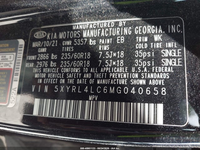 Aukcja sprzedaży 2021 Kia Sorento S, vin: 5XYRL4LC6MG040658, numer aukcji: 45951123