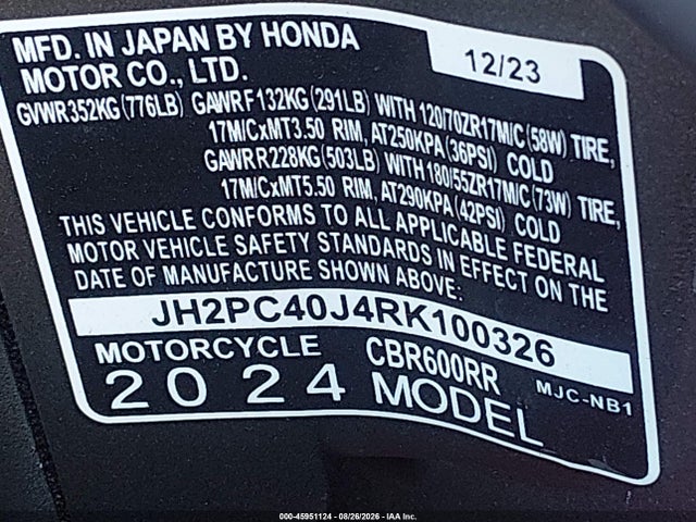 Honda Cbr600 Rr 2024 JH2PC40J4RK100326 Image 10