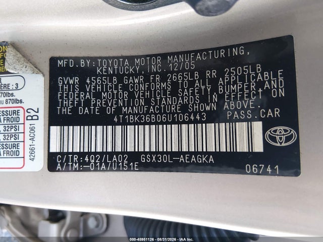 Aukcja sprzedaży 2006 Toyota Avalon Xls, vin: 4T1BK36B06U106443, numer aukcji: 45951126