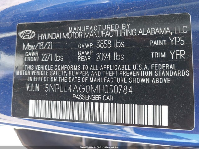 Продажа на аукционе авто 2021 Hyundai Elantra Se, vin: 5NPLL4AG0MH050784, номер лота: 45951143