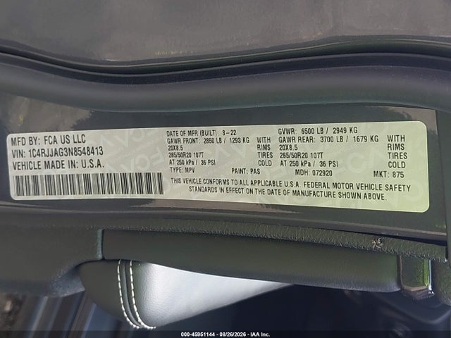 2022 Jeep Grand Cherokee L Altitude 4x2 მანქანა იყიდება აუქციონზე, vin: 1C4RJJAG3N8548413, აუქციონის ნომერი: 45951144
