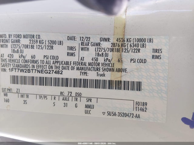 Продаж на аукціоні авто 2022 Ford F-250 Xlt, vin: 1FT7W2BT7NEG27482, номер лоту: 45951146