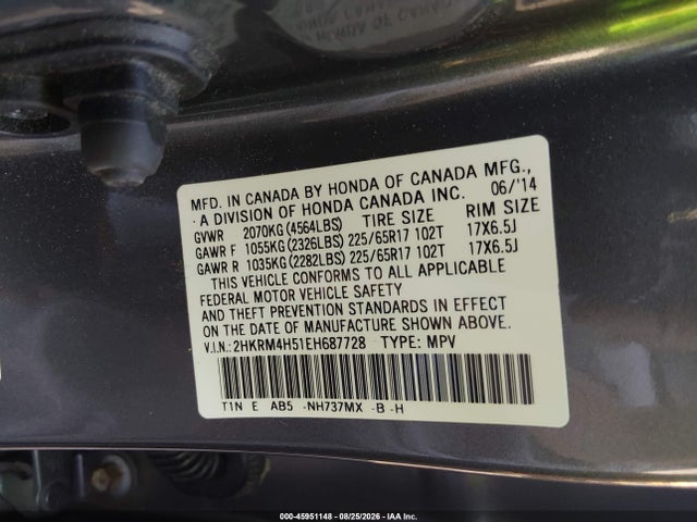 45951148 :رقم المزاد ، 2HKRM4H51EH687728 vin ، 2014 Honda Cr-v Ex مزاد بيع