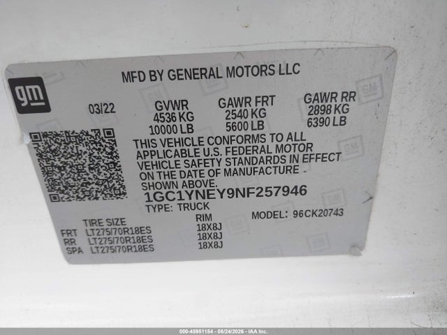 2022 Chevrolet Silverado 2500hd 4wd  Standard Bed Lt მანქანა იყიდება აუქციონზე, vin: 1GC1YNEY9NF257946, აუქციონის ნომერი: 45951154