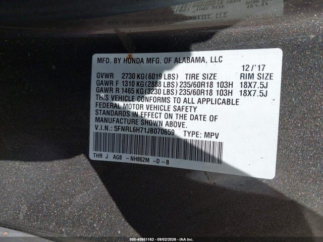 Продажа на аукционе авто 2018 Honda Odyssey Ex-l, vin: 5FNRL6H71JB070659, номер лота: 45951162
