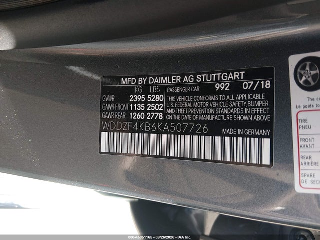 45951165 :رقم المزاد ، WDDZF4KB6KA507726 vin ، 2019 Mercedes-benz E 300 4matic مزاد بيع