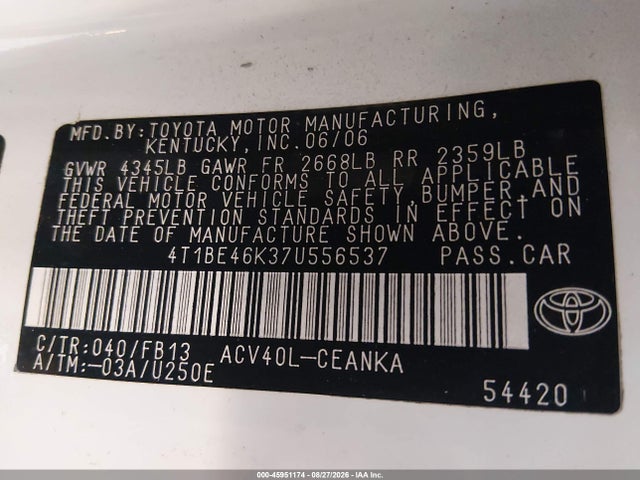 Aukcja sprzedaży 2007 Toyota Camry Le, vin: 4T1BE46K37U556537, numer aukcji: 45951174