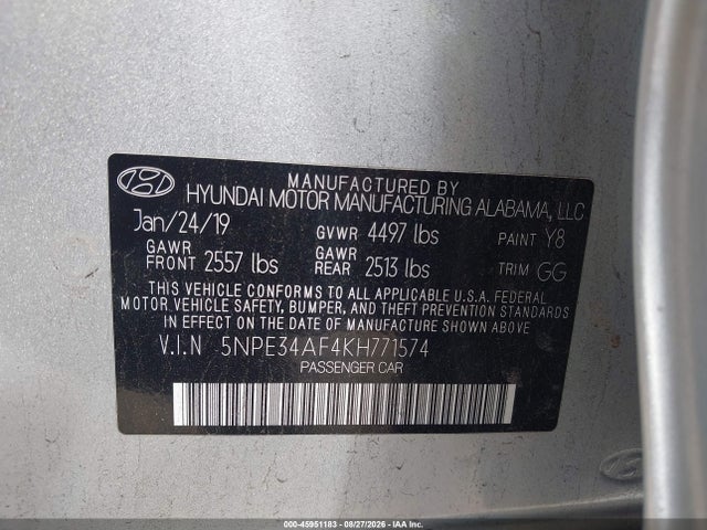 Продажа на аукционе авто 2019 Hyundai Sonata Sel, vin: 5NPE34AF4KH771574, номер лота: 45951183