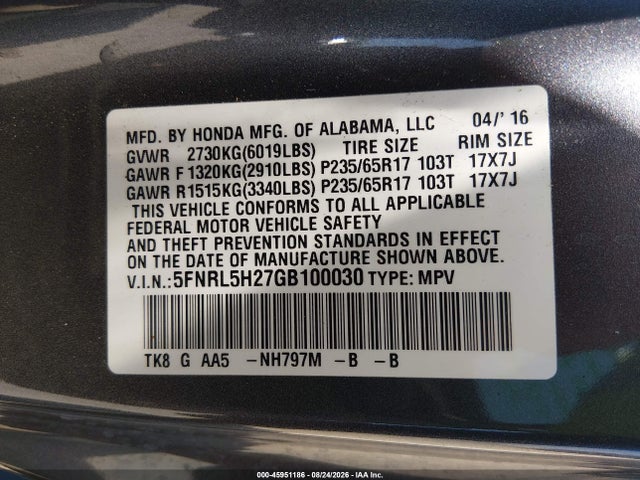 Honda ODYSSEY LX 2016 5FNRL5H27GB100030 Image 9