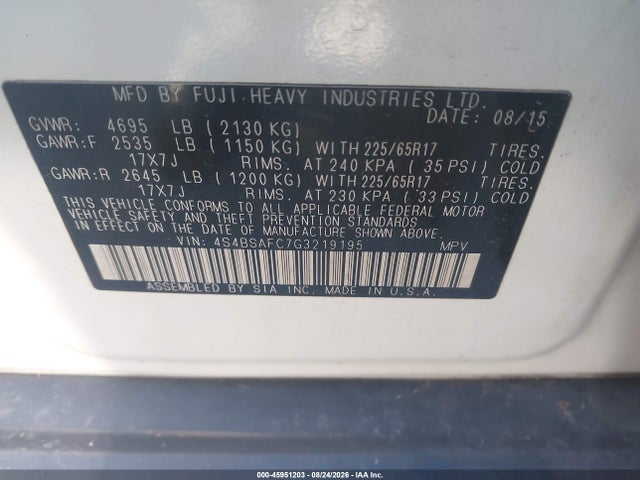 Продаж на аукціоні авто 2016 Subaru Outback 2.5i Premium, vin: 4S4BSAFC7G3219195, номер лоту: 45951203