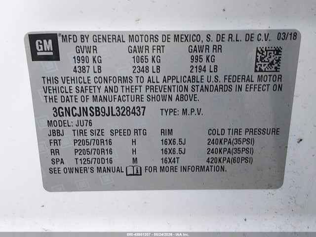 45951207 :رقم المزاد ، 3GNCJNSB9JL328437 vin ، 2018 Chevrolet Trax Ls مزاد بيع