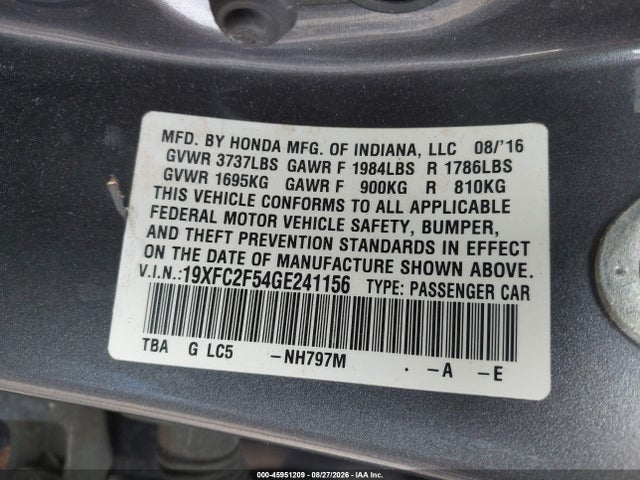 Продаж на аукціоні авто 2016 Honda Civic Lx, vin: 19XFC2F54GE241156, номер лоту: 45951209