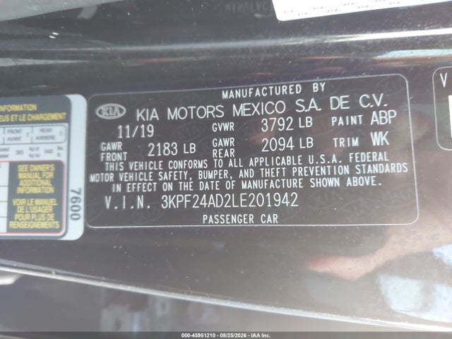 Auction sale of the 2020 Kia Forte Fe, vin: 3KPF24AD2LE201942, lot number: 45951210