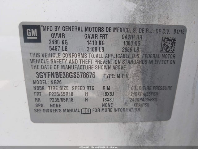 45951224 :رقم المزاد ، 3GYFNBE38GS578676 vin ، 2016 Cadillac Srx Luxury Collection مزاد بيع