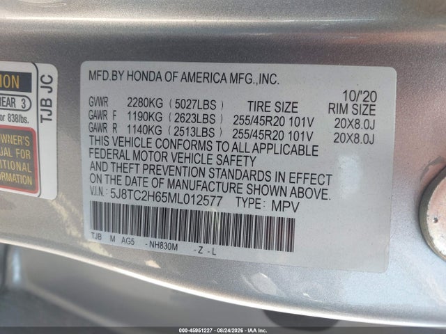 45951227 :رقم المزاد ، 5J8TC2H65ML012577 vin ، 2021 Acura Rdx A-spec Package مزاد بيع