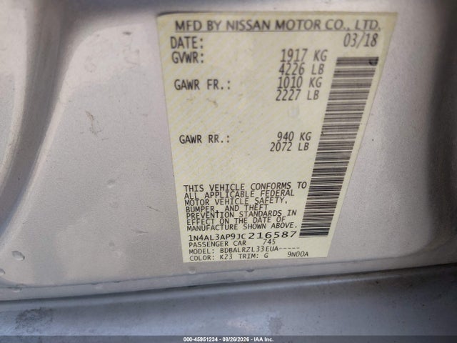 Aukcja sprzedaży 2018 Nissan Altima 2.5 Sl, vin: 1N4AL3AP9JC216587, numer aukcji: 45951234